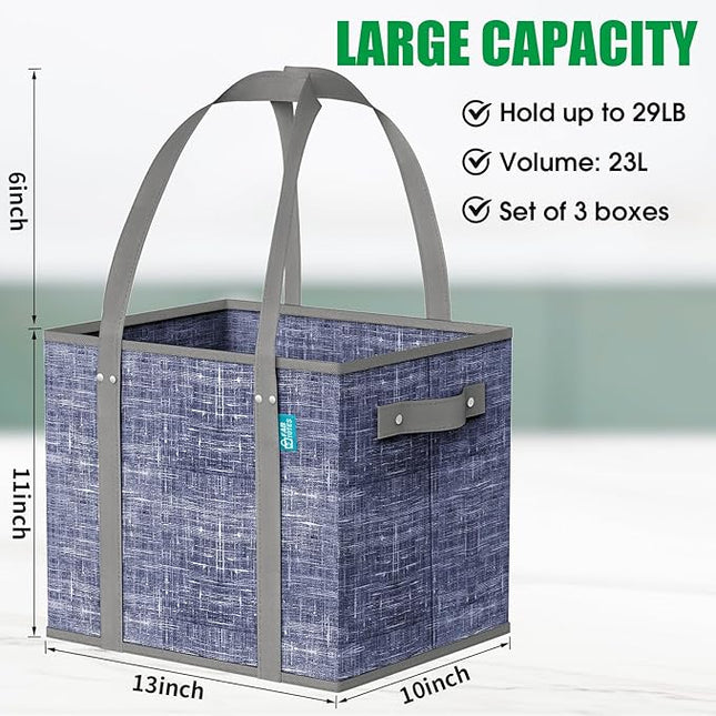 Fab totes Reusable Grocery Bags, Large Foldable Shopping Tote Bags with Reinforced Handles & Hard Bottom,3 Pack,Blue