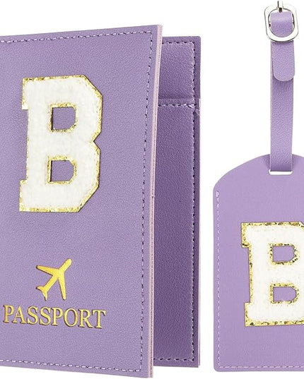 PATIKIL Passport Holder for Travel, Initial Passport Cover and Luggage Tag Set with Alphabet Chenille Letter Patch Travel Wallet Bag Suitcase Identifier for Women Family Travel Purple B