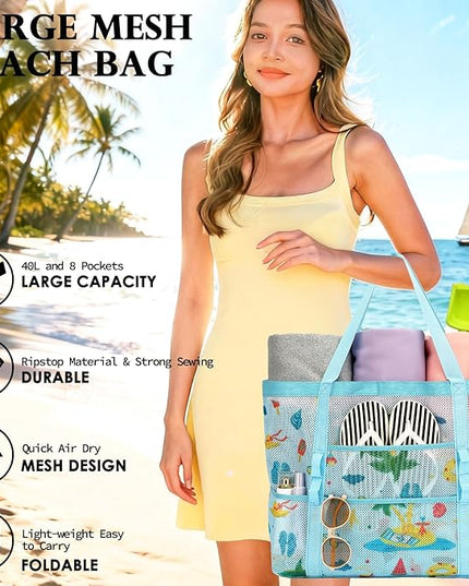 Mesh Beach Bag, Large Beach Tote with Zipper Pocket, Toys Pool Bag for Family Travel Vacation Cruise Essentials