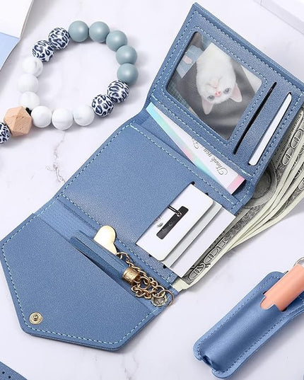 Weewooday Wristlet Bracelet Keychain Wallet Gift for Women Christmas Small Silicone Beaded Keyring Purse Leather Card Holder(Sky Blue)