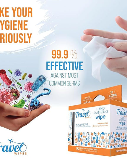 Hand Sanitizing Travel Wipes – 15ct Individually Wrapped | Fragrance-Free, Moisturizing, 70% Isopropyl Alcohol Wipes | Travel, Home, Office, Daily Use | Made in USA