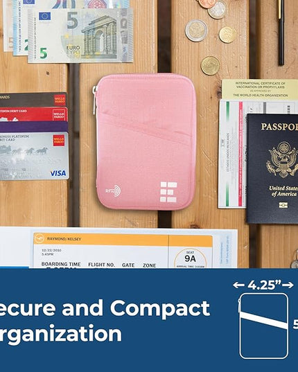 Zero Grid Passport Holder & Travel Wallet with RFID Blocking, Premium Document Organizer for Men & Women, Holds Passports, Cards, Tickets, ID & Cash, Compact Zippered Wallet - Rose Pink