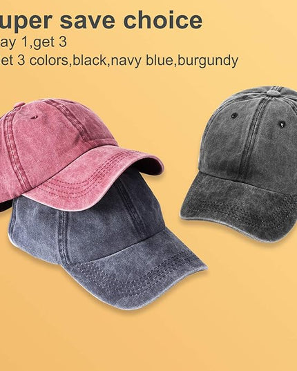 MEINICY 3 Packs Washed-Cotton Plain Baseball Cap, Vintage Adjustable Dad Hats Gift for Men/Women,Unstructured