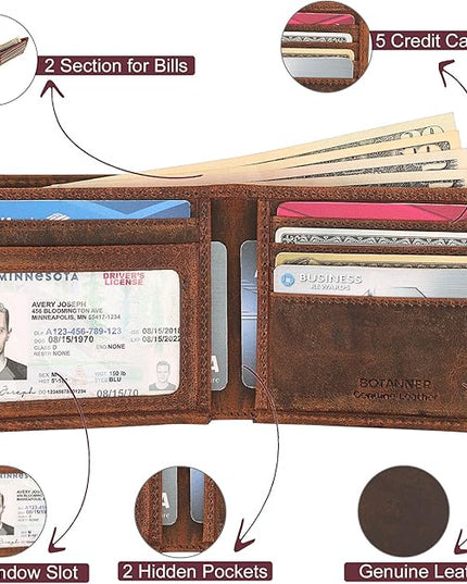 BOTANNER Genuine Leather Bifold Mens Wallet RFID Blocking 5 Credit Card Slots 1 ID Window 2 Sections for Bills 2 Additional Slots | Brown