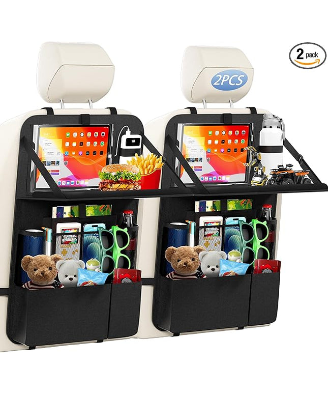 KaiCross Car Backseat Organizer with Table Holder,10 Storage Pockets Backseat Car Organizer and Storage with 600D Oxford Cloth,Travel Essentials,Kick Mats Back Seat Protector-2 Pack