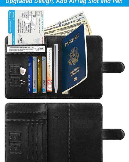 Airtag Passport Holder Cover Wallet RFID Blocking Leather Case Travel Essentials Luggage Accessories Travel Must Have(118#Black)