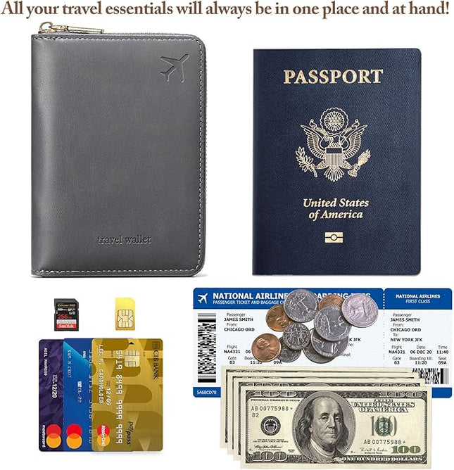 Passport Holder for Travel Women and Men RFID Passport Holder with Card Slots Holder Passport Case Passport cover Passport Wallet Travel Essentials and Accessories (Short Zipper, SZ-Grey)