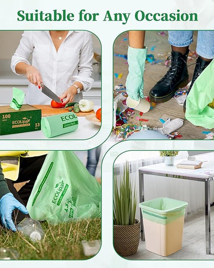 ECOLipak 13 Gallon Compostable Trash Garbage Bags, 100 Count (2 Rolls) Biodegradable Heavy Duty Bathroom Kitchen Trash Bags for Home/Office, US BPI ASTM D6400 and OK Compost Home Certified