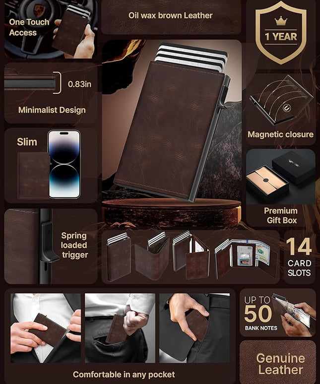 typecase Mens Wallet Card Holder: Pop Up Aluminum Case, Genuine Leather, Smart, RFID Blocking, Slim, Minimalist, Front Pocket - 9-14 Card Capacity | ID Window | Cash Slot - Oil Wax Brown