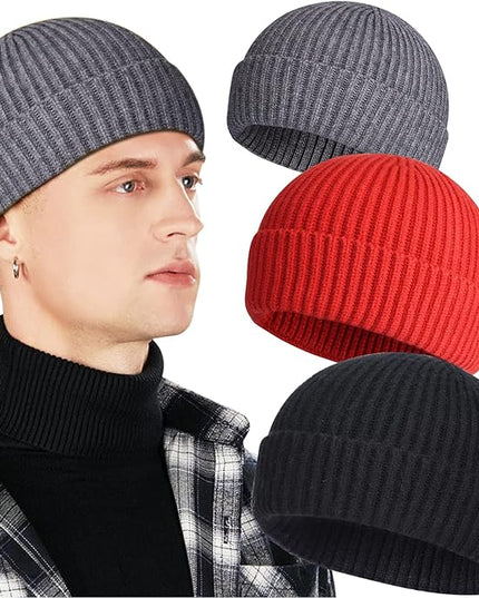 3 Pack Wool Fisherman Beanies for Men, Short Knit Watch Cap Cuffed Trawler Hats
