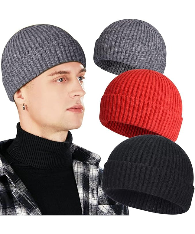 3 Pack Wool Fisherman Beanies for Men, Short Knit Watch Cap Cuffed Trawler Hats
