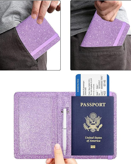 ACdream Unisex Faux Leather Passport and Vaccine Card Holder, Glitter Purple, RFID Blocking, Protects Valuable Information