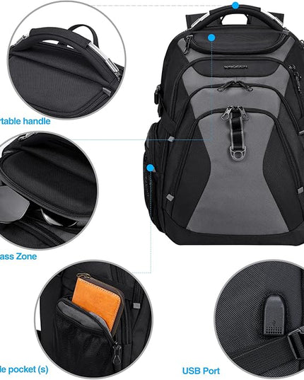 KROSER Travel Laptop Backpack 18.4 Inch XXXL Gaming Backpack with Hard Shell Saferoom RFID Pockets Water-Repellent Business College Daypack Stylish Laptop Bag for Men/Women-Black Grey