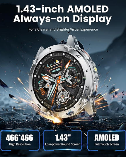 LIGE Military Smart Watch for Men iPhone Android 1.43" HD Amoled Rugged 110+ Sport Modes IP68 Waterproof Answer/Make Call Fitness Running Heart Rate Blood Pressure Health Mens Smartwatch