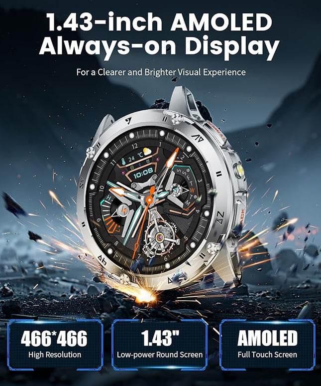 LIGE Military Smart Watch for Men iPhone Android 1.43" HD Amoled Rugged 110+ Sport Modes IP68 Waterproof Answer/Make Call Fitness Running Heart Rate Blood Pressure Health Mens Smartwatch