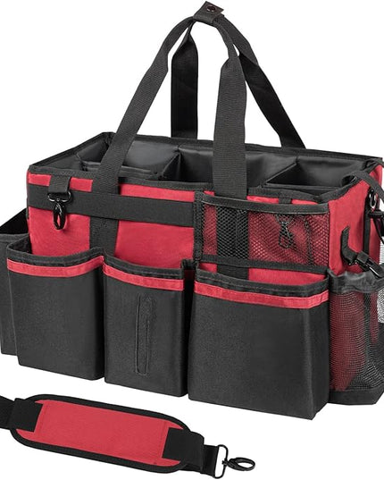 Wearable Cleaning Caddy, Cleaning Caddy Supplies Organizer with Handle & Shoulder Straps for Housekeepers, Under Sink & Car Cleaning Tool Organizers Bag with 4 Foldable Divider (Wine)
