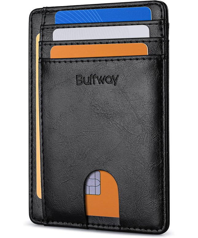 Buffway Slim Minimalist Front Pocket RFID Blocking Leather Wallets for Men and Women - Alaska Black