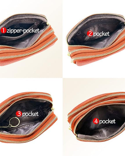 LINNO 3 Zippered Genuine Leather Coin Purse Triple Capacity Change Pouch Little Travel Wallet With Key Ring for Women