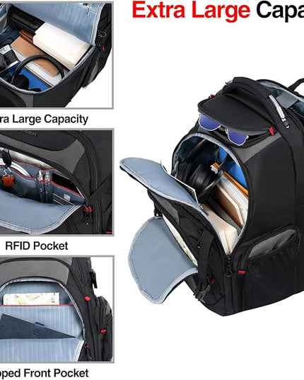 KROSER Travel Laptop Backpack 17.3 Inch XL Computer Backpack with Hard Shell Saferoom RFID Pockets Water-Repellent Business College Daypack Stylish Bag for Men/Women-Black Grey