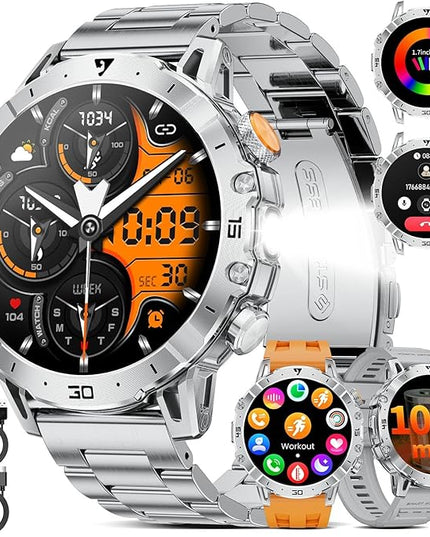 SUNKTA Military Smart Watch for Men(3 Bands),1.7" HD Large Display/1000mAh Smart Watches with LED Flashlight for Android iOS (Call Answer/Calls) Fitness Tracker with Heart Rate/Sleep Tracking Silver