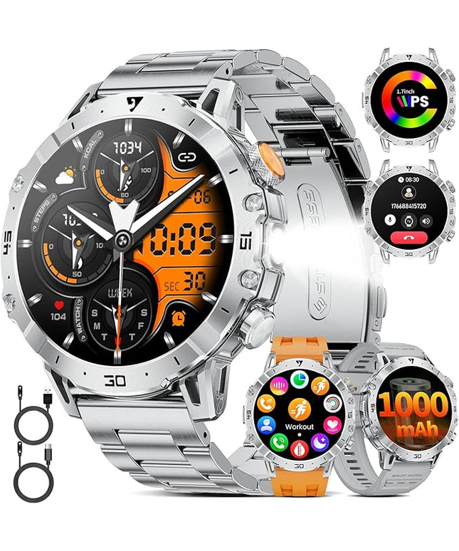 SUNKTA Military Smart Watch for Men(3 Bands),1.7" HD Large Display/1000mAh Smart Watches with LED Flashlight for Android iOS (Call Answer/Calls) Fitness Tracker with Heart Rate/Sleep Tracking Silver