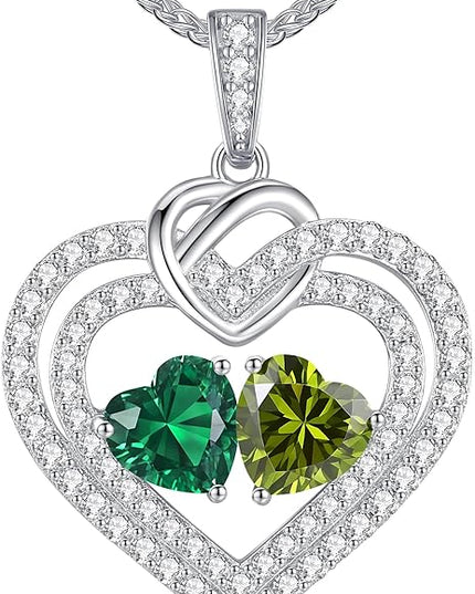 LOUISA SECRET Sparkling Double Heart Birthstone Necklaces for Women, 925 Sterling Silver Fine Jewelry, Pendant Heart Necklaces Birthday Anniversary Christmas Gift for Women Wife Mom Girlfriend Lady