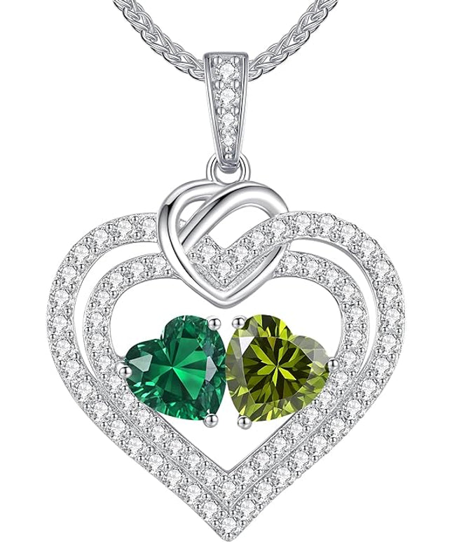 LOUISA SECRET Sparkling Double Heart Birthstone Necklaces for Women, 925 Sterling Silver Fine Jewelry, Pendant Heart Necklaces Birthday Anniversary Christmas Gift for Women Wife Mom Girlfriend Lady