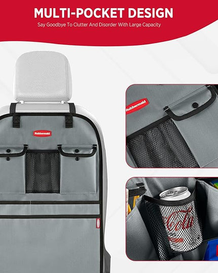 Rubbermaid Backseat Car Organizer, Kick Mats and Seat Back Protector, Car Organizer for Kids with 6 Storage Pockets, Travel Essentials for SUV, Truck, Car - 2 packs Gray
