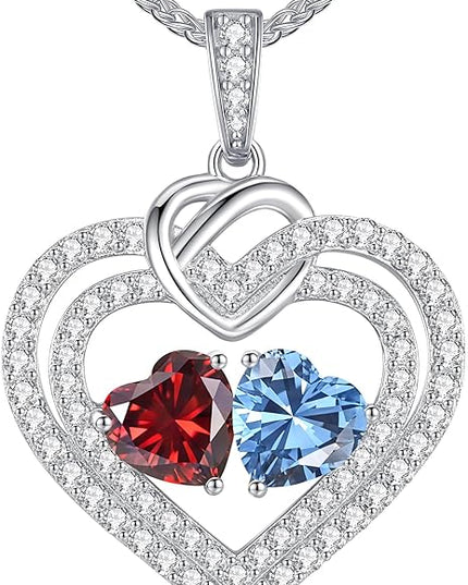 LOUISA SECRET Sparkling Double Heart Birthstone Necklaces for Women, 925 Sterling Silver Fine Jewelry, Pendant Heart Necklaces Birthday Anniversary Christmas Gift for Women Wife Mom Girlfriend Lady