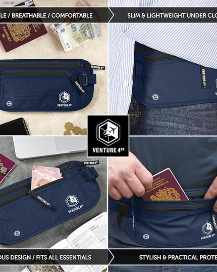 VENTURE 4TH Money Belt for Travel – Hidden Under-Clothes RFID Blocking Passport Holder & Slim Travel Wallet Pouch for Men & Women to Protect Cash, Cards & Documents (Navy Blue)