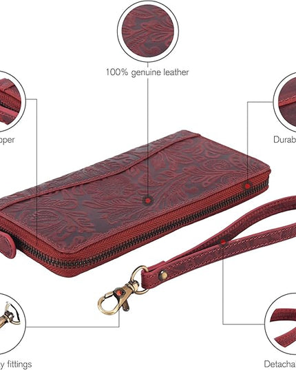 Red Embossed Wallet for Women - Leather RFID Womens Wallet Clutch with 8 Credit Card Holder, Coin Pocket, Gift for Women’s