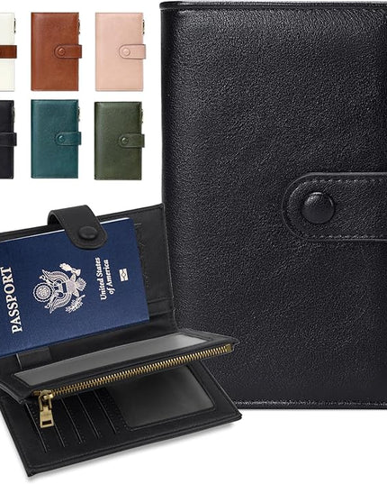 BKNOOU Passport Holder for Travel, RFID Blocking Passport Wallet Travel Wallet for Women Men, Leather Passport Cover with Zippered Coins Pocket, Trifold Clutch Wallet for Airport Essentials/Daily