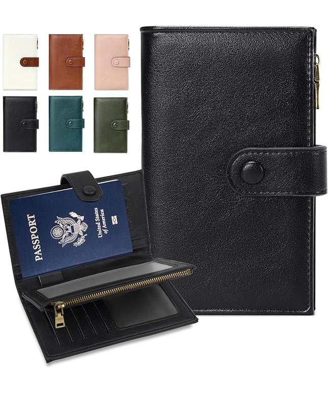 BKNOOU Passport Holder for Travel, RFID Blocking Passport Wallet Travel Wallet for Women Men, Leather Passport Cover with Zippered Coins Pocket, Trifold Clutch Wallet for Airport Essentials/Daily