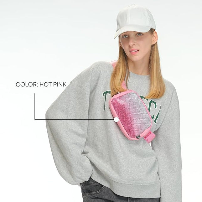 C.C Ombre Rhinestone Fanny Pack – Glitter Crossbody Waist Bag with Adjustable Strap, Multi Color (Ombre Rhinestone - Hot Pink)