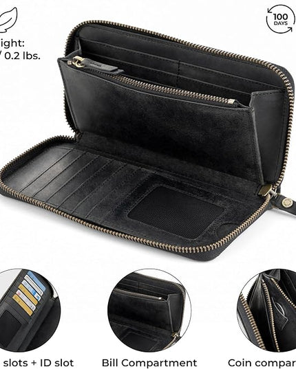 BERLINER BAGS Vintage Genuine Leather Wallet Margo, RFID Blocking Credit Card Holder, Slim Womens Wallet, Zip Around Wallet for 13 Cards and ID window, Bills, Coins - Dark Grey