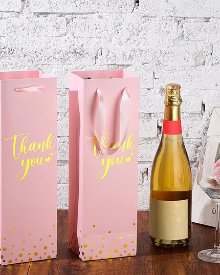 Ctosree 30 Pcs Wine Bottle Gift Bag with Handle 4.3x3.5x13.7 Liquor Paper Bag for Thank You Favor Gold Foil Kraft Whiskey Tote Carrier for Wedding Birthday Bridal Valentine's day Party(Pink)