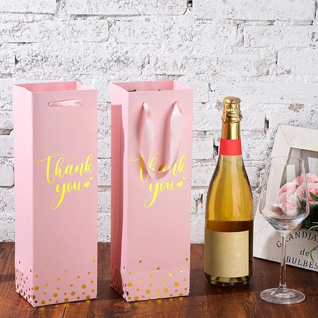 Ctosree 30 Pcs Wine Bottle Gift Bag with Handle 4.3x3.5x13.7 Liquor Paper Bag for Thank You Favor Gold Foil Kraft Whiskey Tote Carrier for Wedding Birthday Bridal Valentine's day Party(Pink)