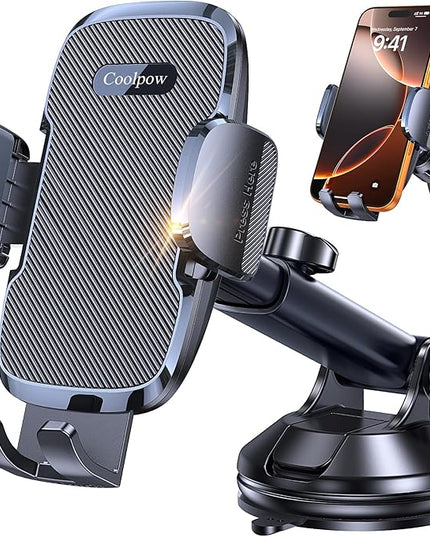 Coolpow 3-in-1 Car Phone Holder Mount【Strongest Suction & Military-Grade】 Cell Phone Holders for Your Car Dashboard Phone Holder Automobile Cradle Truck Mount Stand for iPhone Android All Smartphones