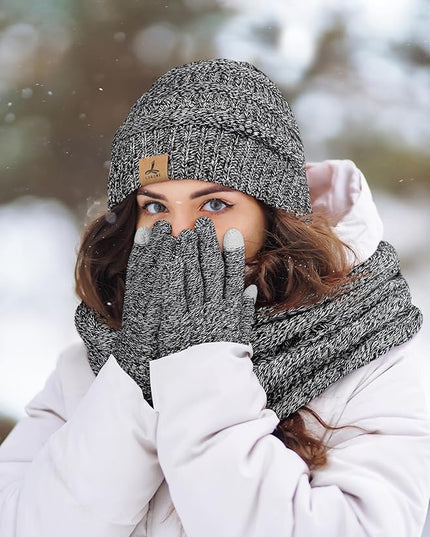 Winter Beanie Hat Scarf Gloves, Warm Fleece Knit Hats Touch Screen Gloves Neck Scarf Set Winter Gifts for Unisex Adult
