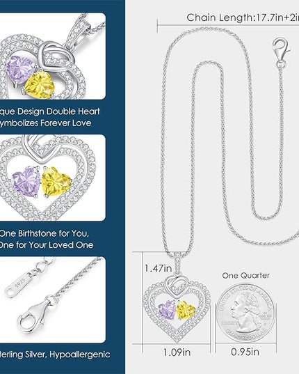 LOUISA SECRET Sparkling Double Heart Birthstone Necklaces for Women, 925 Sterling Silver Fine Jewelry, Pendant Heart Necklaces Birthday Anniversary Christmas Gift for Women Wife Mom Girlfriend Lady