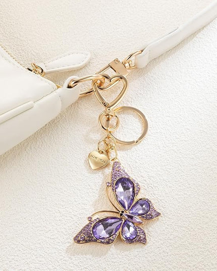 XGALBLA Cute Bling Crystals Rhinestone Butterfly KeyChain with Heart Pendant, Lovely Bag Charms for Handbags Purse Accessory