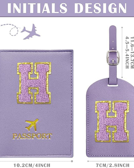 COSHAYSOO Initial Passport Cover Luggage Tag Set Letter Passport Holder Airplane Cruise Travel Essentials Vacation Traveling Accessories Personalized Gifts for Women Teen College Girls Purple H
