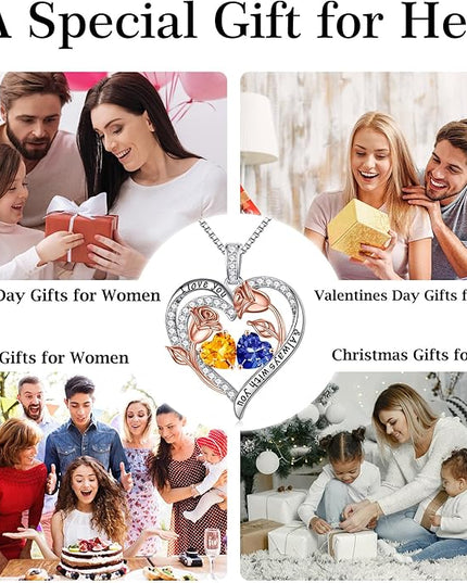 Iefil Christmas Gifts for Women Wife - 925 Sterling Silver Rose Heart Birthstone Necklace Birthday Anniversary Jewelry Gifts for Her Wife Mom Daughter