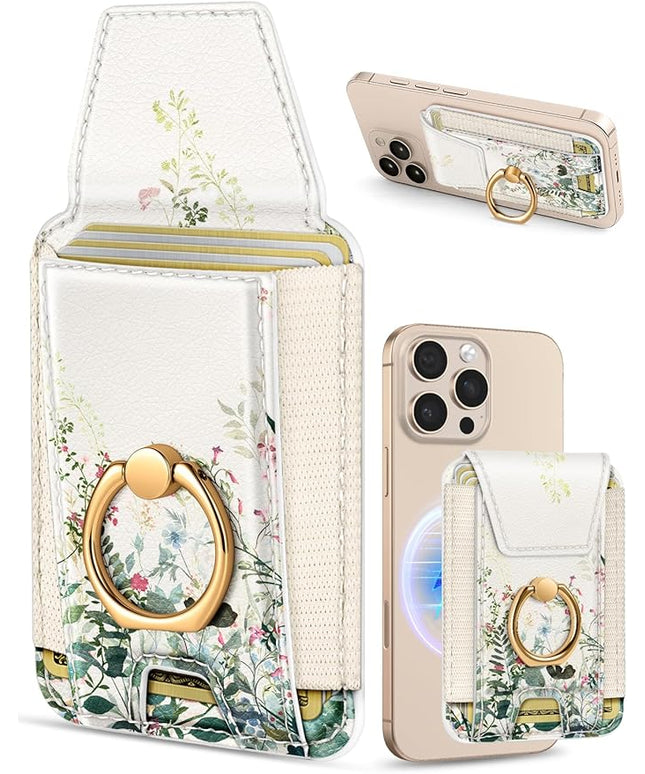 Shorogyt Compatible with Magsafe Wallet with Grip Magnetic Card Holder - Cute Phone Wallets with Ring Stand for iPhone 17/16/15/14/13/12 Series for Women Girls Ink Bouquet Design, Fit 7 Cards