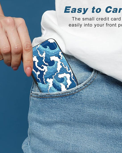 Atufsuat Credit Card Holder, Mini Aluminum Card Wallet RFID Blocking Slim Metal Hard Card Case for Women Men, Blue Sea Wave