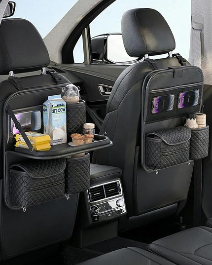 Leather Car Backseat Organizer with Foldable Table Tray - Cup, Tissue, Tablet Holder & Purse Hook, Road Trip Essentials for Car (Black)