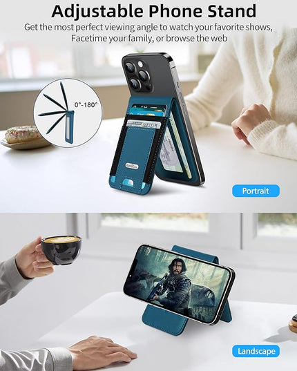 For Magsafe Wallet Stand, Strongest Magnetic Phone Wallet, Leather Magnetic Card Holder Wallet for iPhone 17/16/15/14/13/12 Series, ID Window, 4 Card Slots, Hold 10 Cards, RFID Blocking, Blue