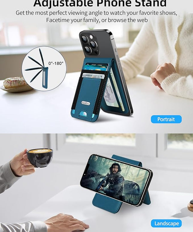 For Magsafe Wallet Stand, Strongest Magnetic Phone Wallet, Leather Magnetic Card Holder Wallet for iPhone 17/16/15/14/13/12 Series, ID Window, 4 Card Slots, Hold 10 Cards, RFID Blocking, Blue