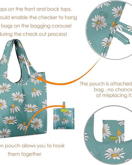 BeeGreen 6 Pack Bulk Foldable Packable Tote Bags for Women - Reusable Grocery Bags Shopping Bag with Pouch, Large Machine Washable Gifts with Handles for Travel,Beach,Holiday