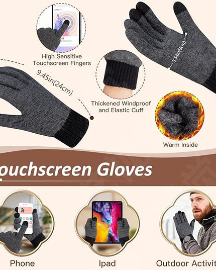 Men Women Winter Beanie Hats Scarf with Touchscreen Gloves Warm Knit Themal Gloves Long Scarf Set with Fleece Lined